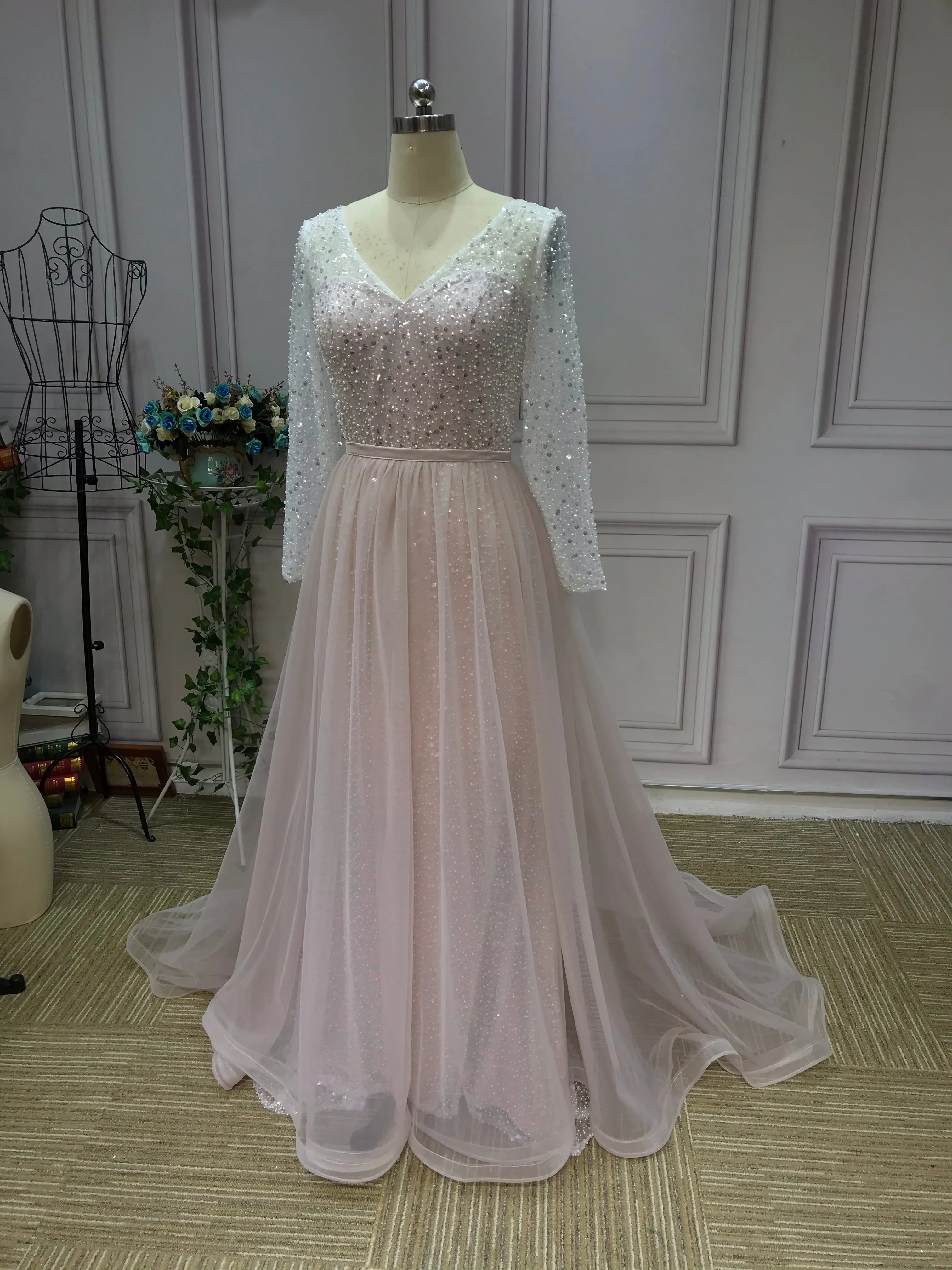 Gorgeous long sleeves heavy beaded sequins pearls dusty pink mermaid wedding dress 2021#112206