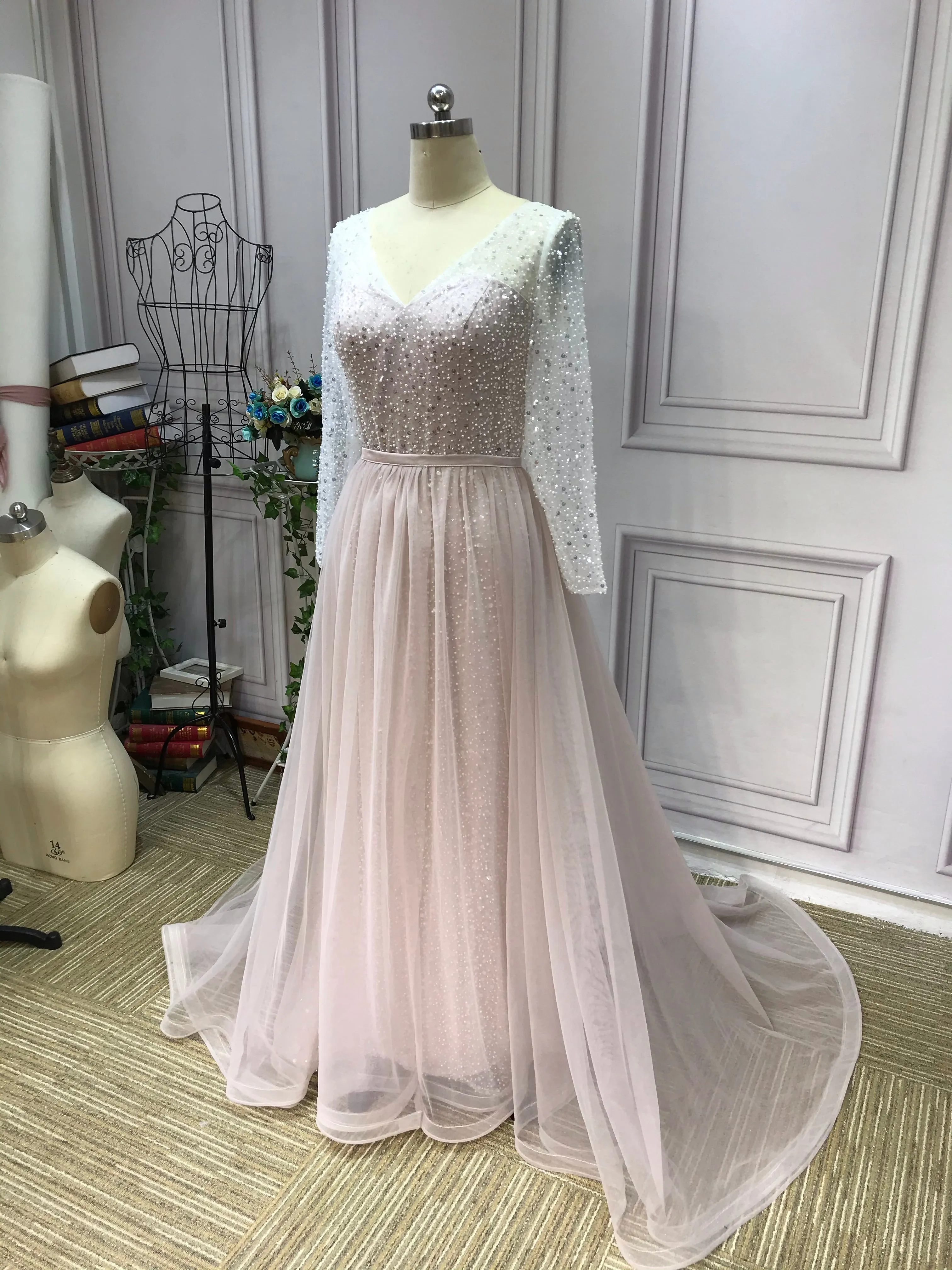 Gorgeous long sleeves heavy beaded sequins pearls dusty pink mermaid wedding dress 2021#112206