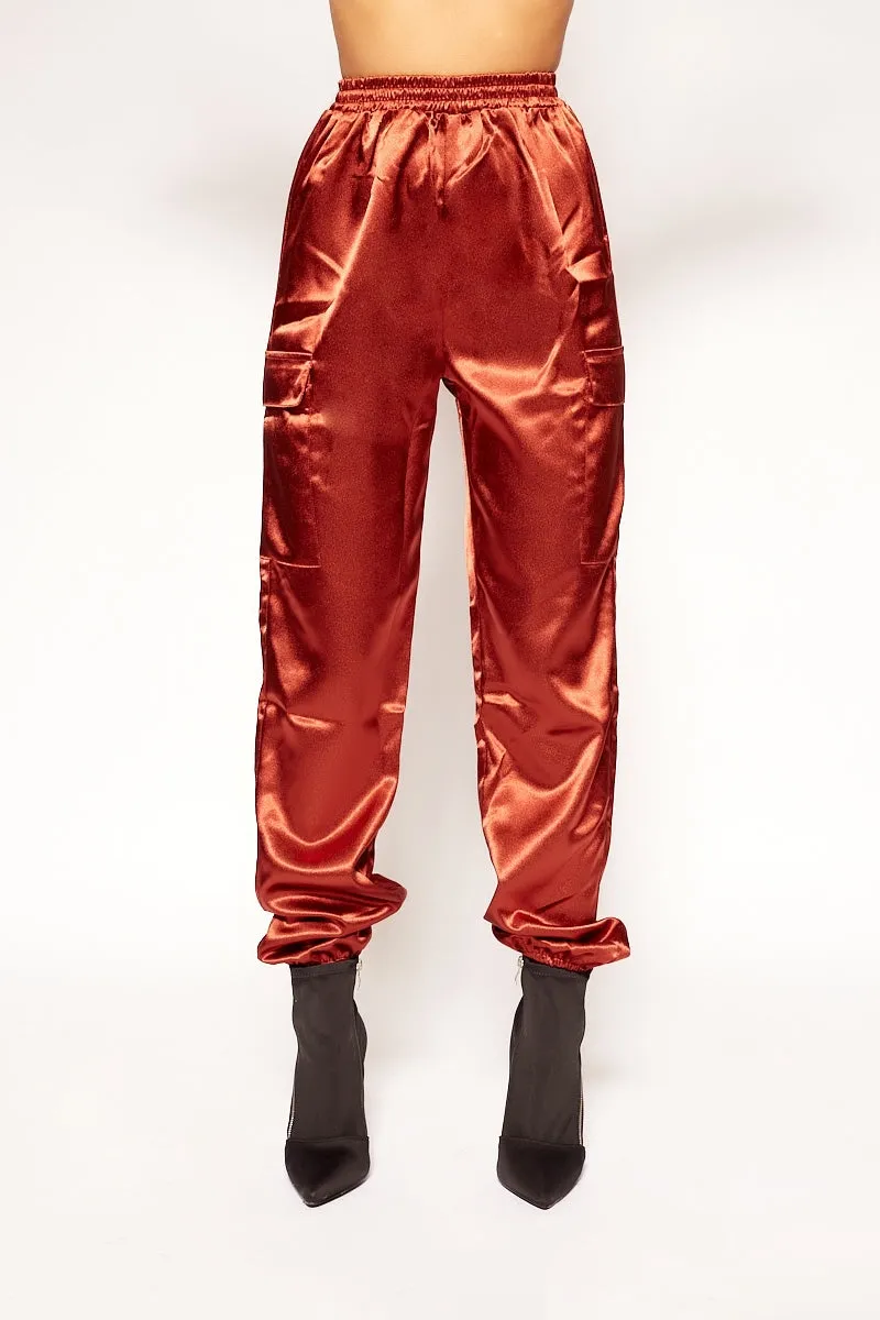 Harpa - Rust Satin High Waisted Utility Pants