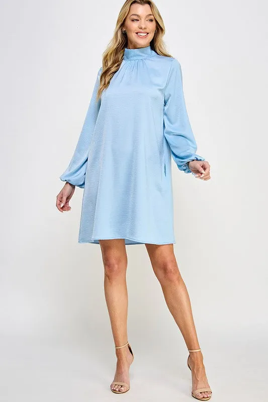 High Neck Bow Tie Back Long Sleeve Satin Dress