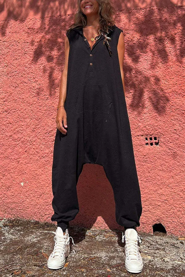 Hoodie Buttons Baggy Jumpsuit-Front Pocket