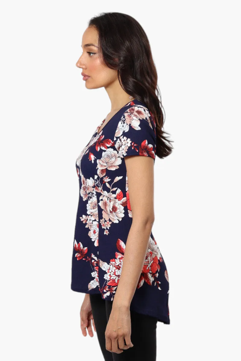 Impress Floral High Low Cap Sleeve Blouse - Navy