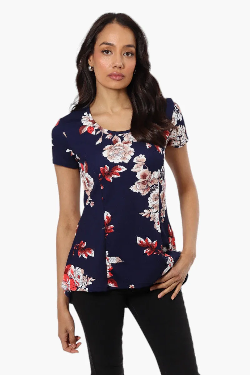 Impress Floral High Low Cap Sleeve Blouse - Navy