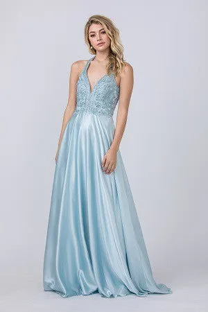 Light Blue Beading Satin Pocket A-line Long Dress