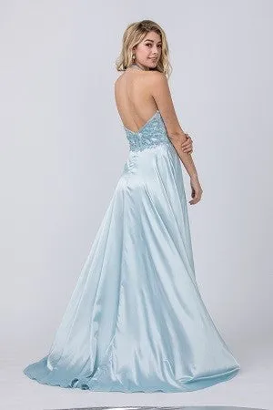 Light Blue Beading Satin Pocket A-line Long Dress