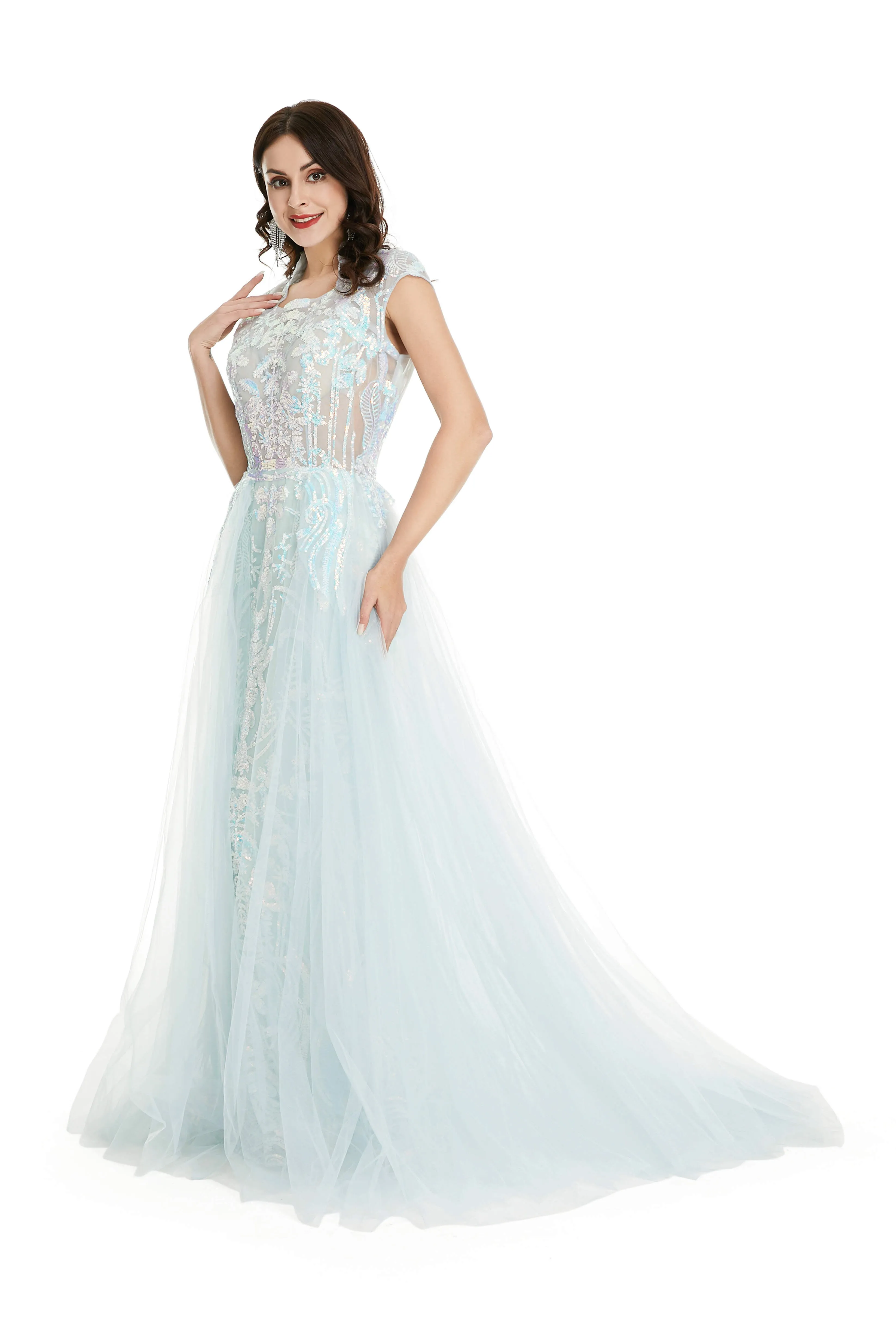 Light Blue Tulle Sequins Appliques Cap Sleeve Prom Dresses