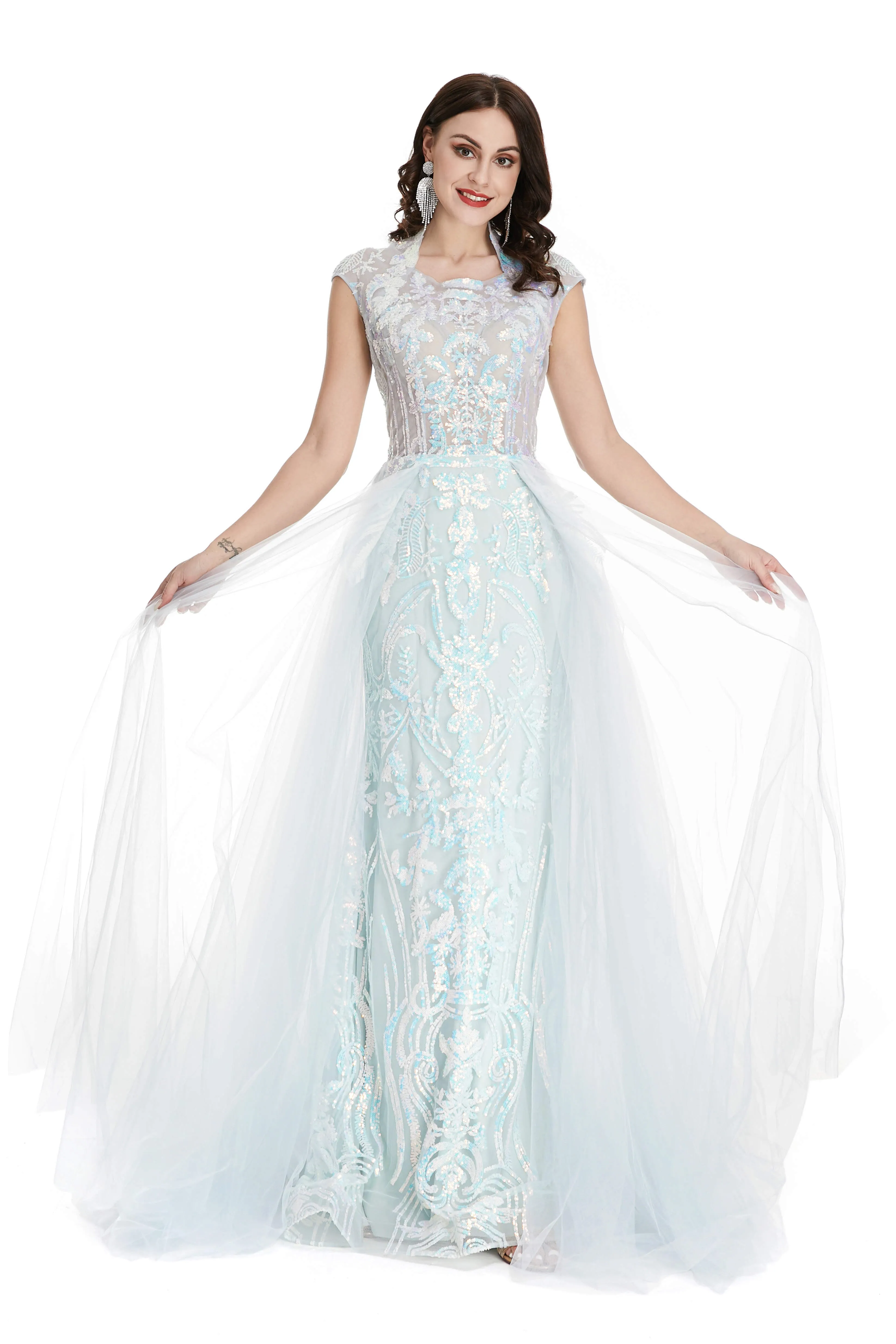 Light Blue Tulle Sequins Appliques Cap Sleeve Prom Dresses