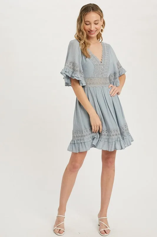 Light Blue V-neck Lace Trim Dress