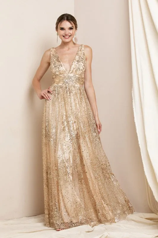 Light Gold Deep V Neck Sequin Maxi Evening Dress