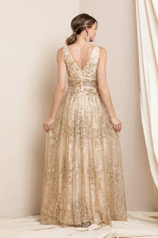 Light Gold Deep V Neck Sequin Maxi Evening Dress