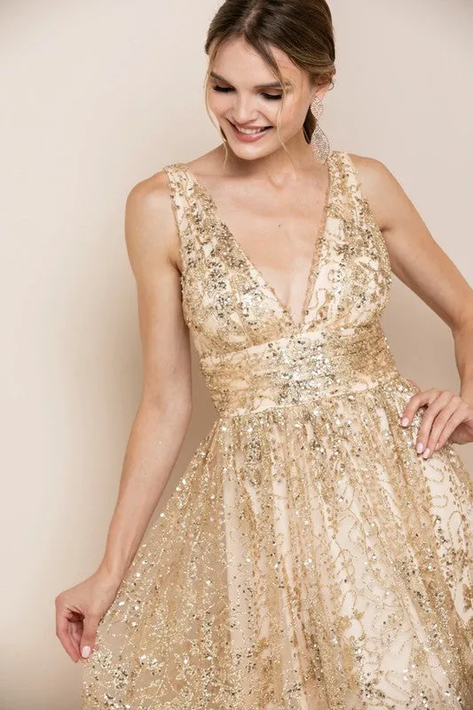 Light Gold Deep V Neck Sequin Maxi Evening Dress