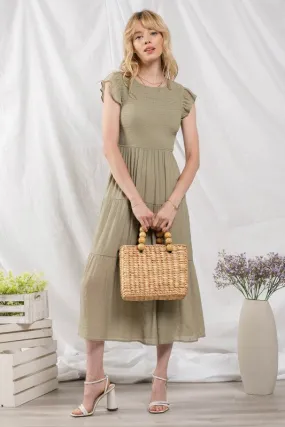 Light Olive Smocked Tiered Midi Dress