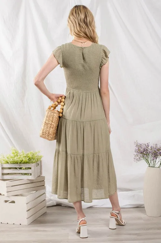 Light Olive Smocked Tiered Midi Dress