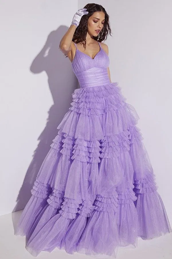 Lilac Deep V Neck Ruffle Detail A Line Dress