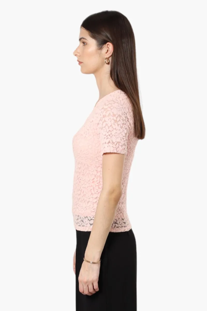 Limite Lace V-Neck Short Sleeve Shirt - Pink