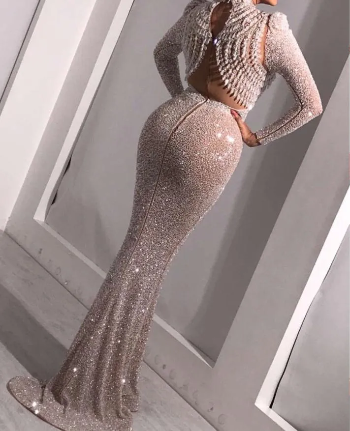 Long sleeves ivory glitter crystals tassels luxury mermaid prom dress 2020