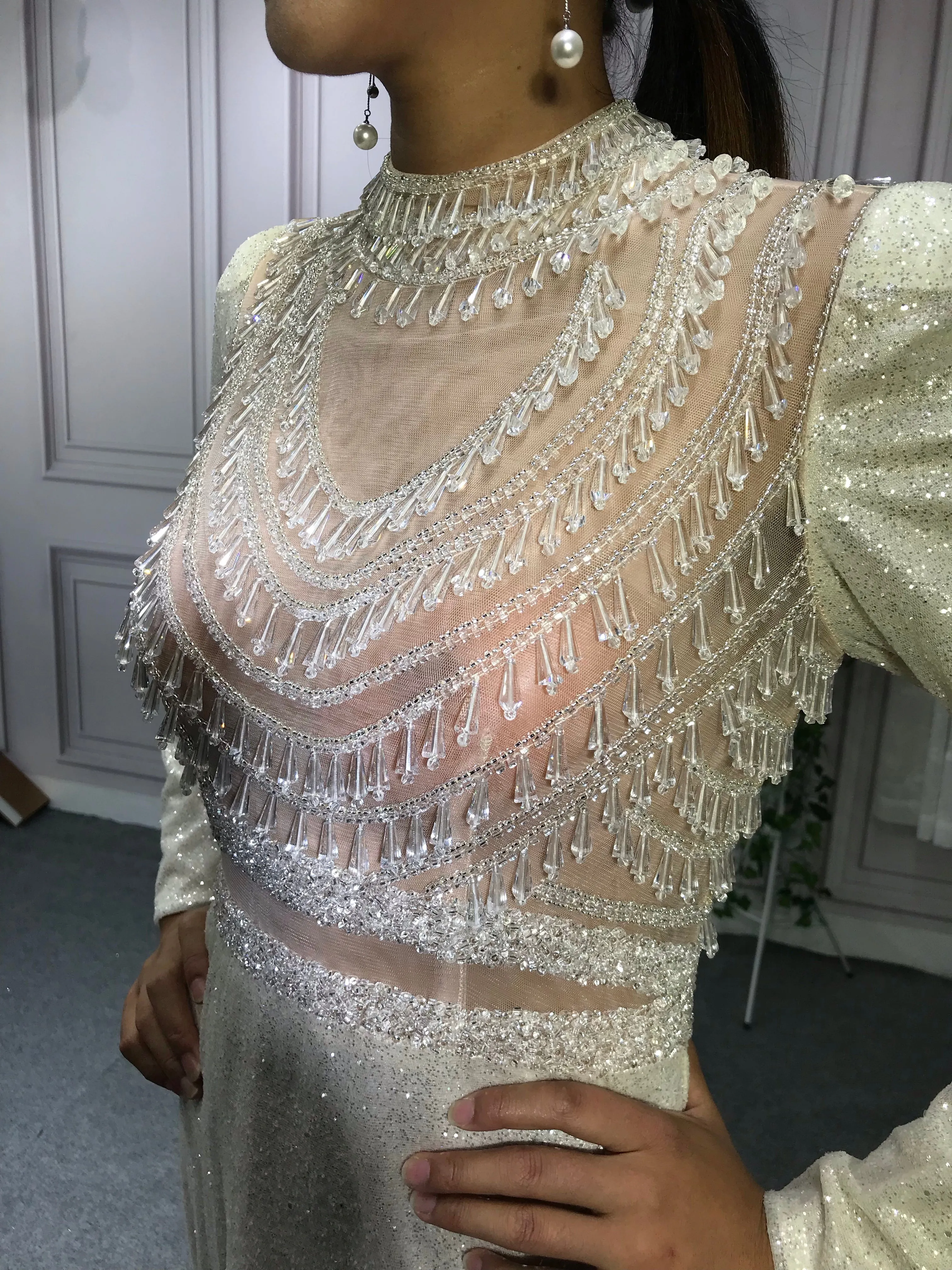 Long sleeves ivory glitter crystals tassels luxury mermaid prom dress 2020