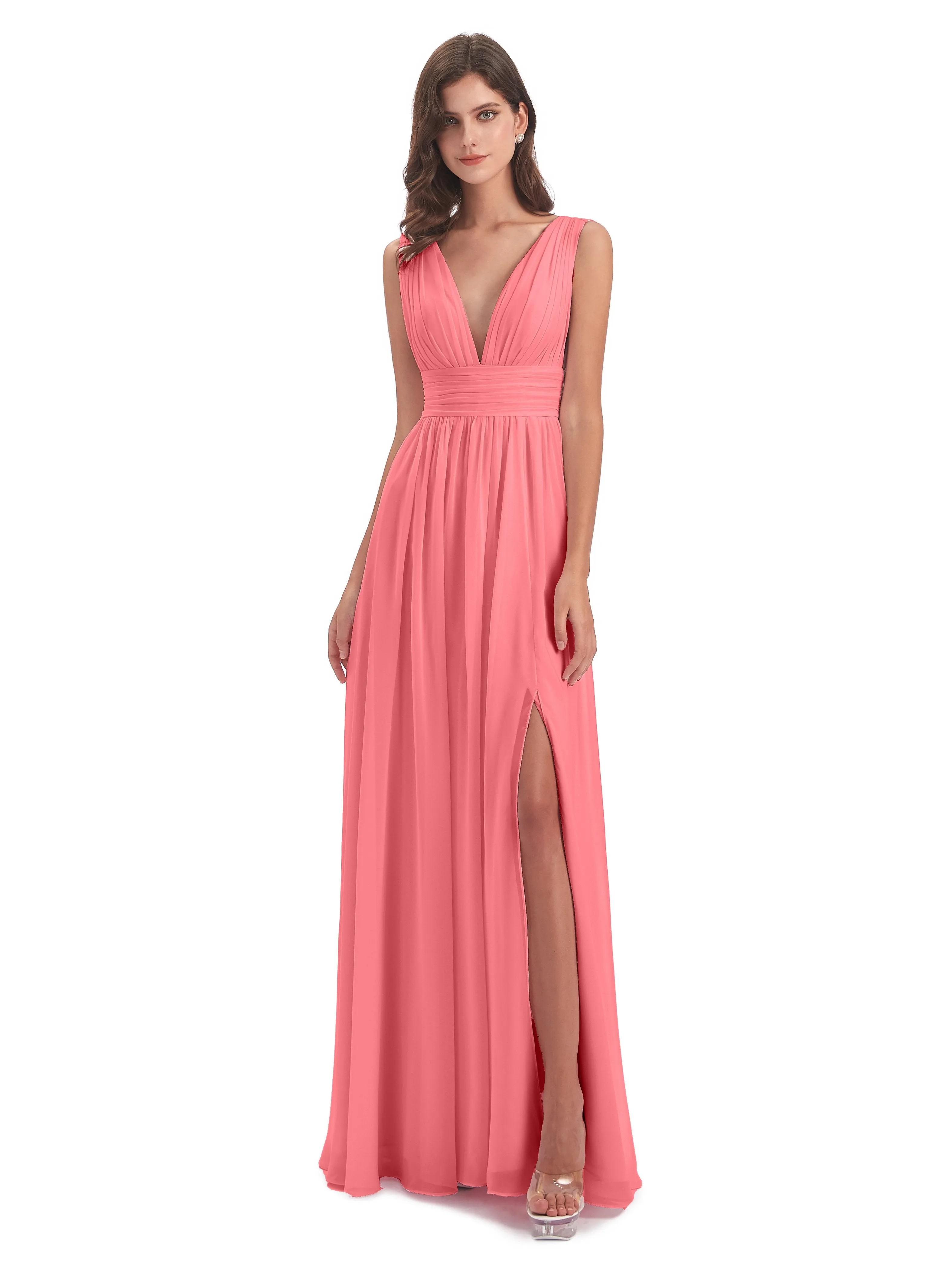 Luna Charming Chiffon V Neck Split Long Bridesmaid Dresses