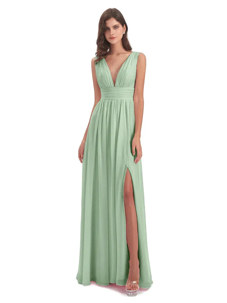 Luna Charming Chiffon V Neck Split Long Bridesmaid Dresses