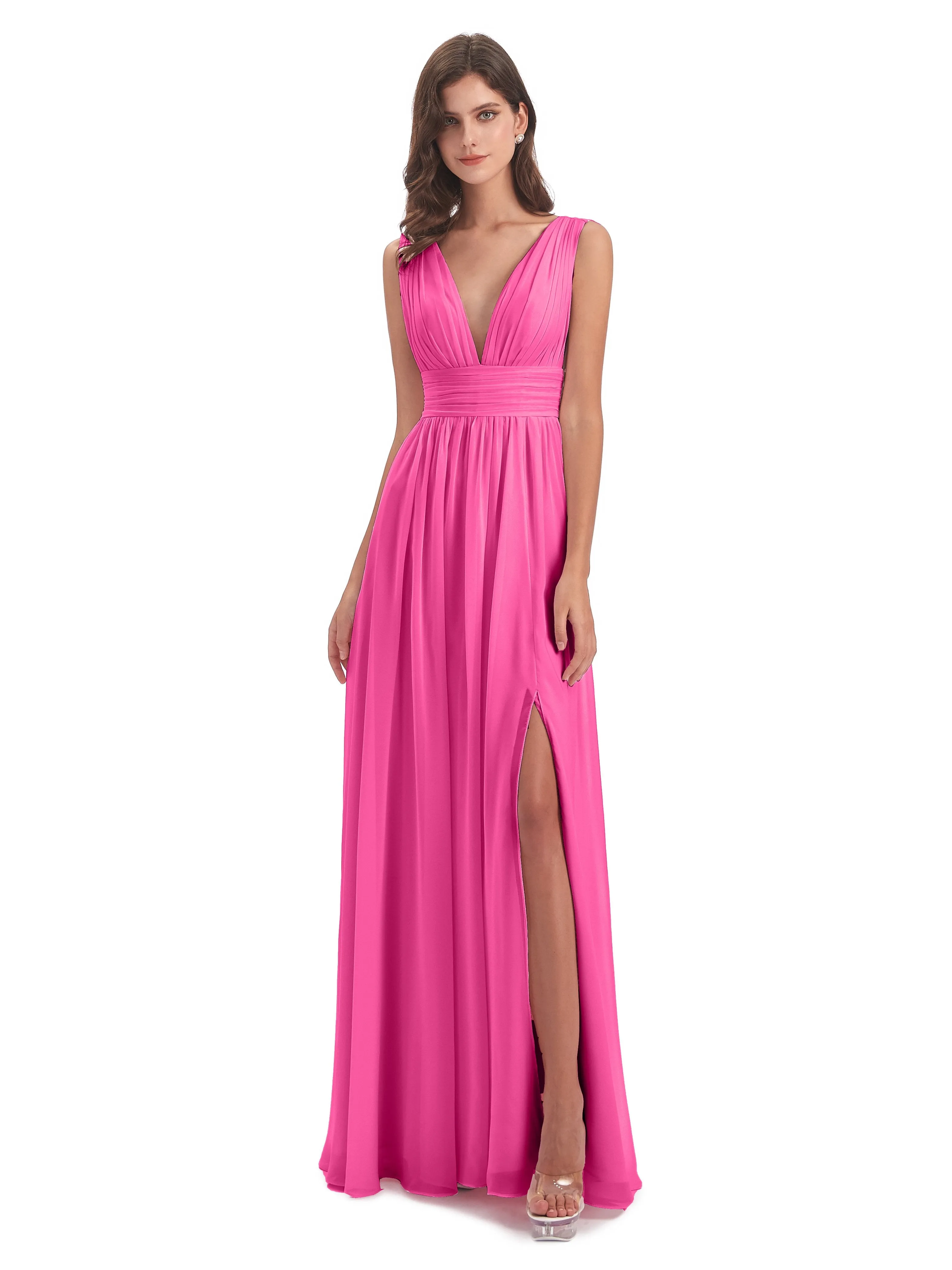 Luna Charming Chiffon V Neck Split Long Bridesmaid Dresses