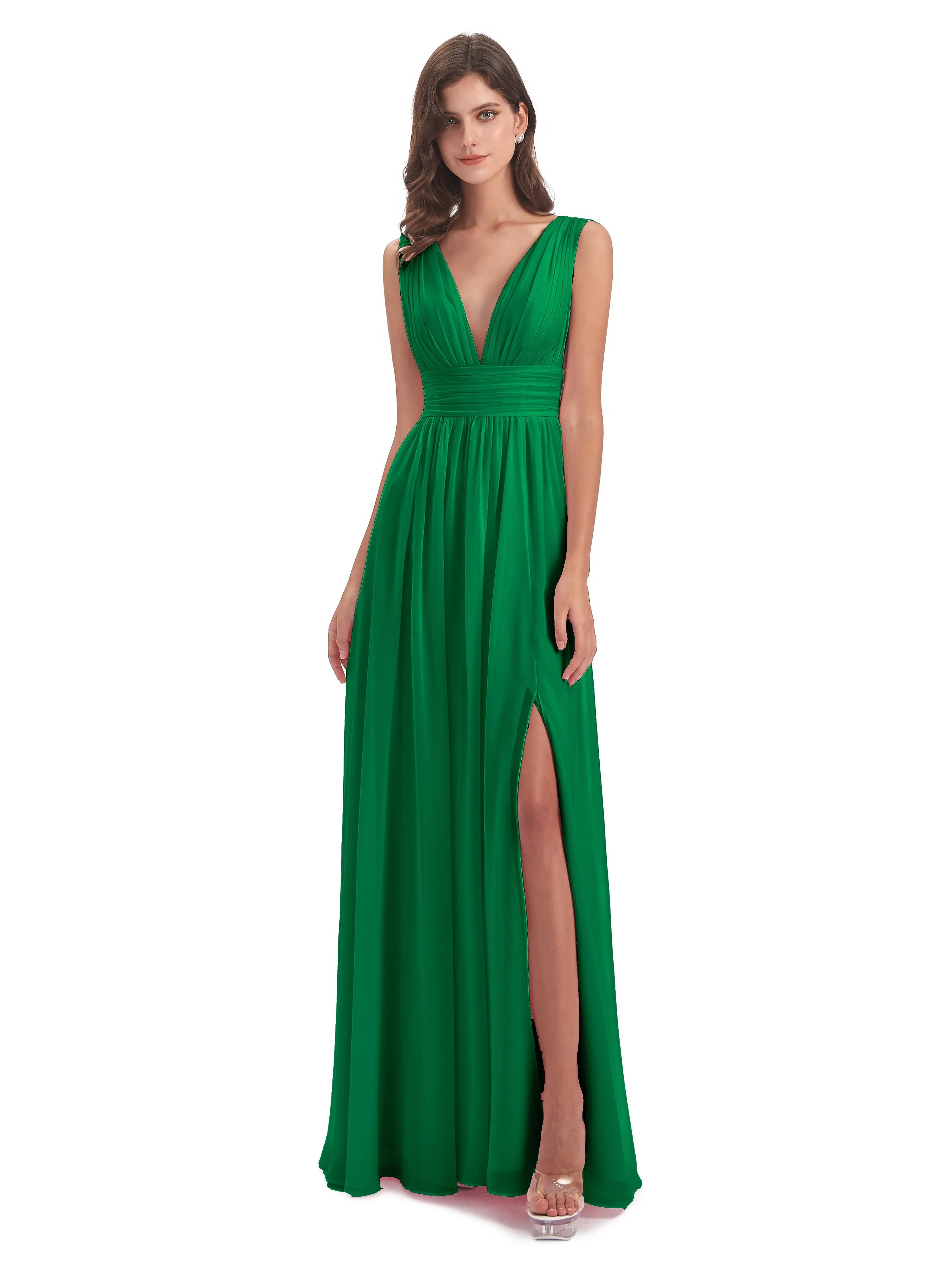 Luna Charming Chiffon V Neck Split Long Bridesmaid Dresses