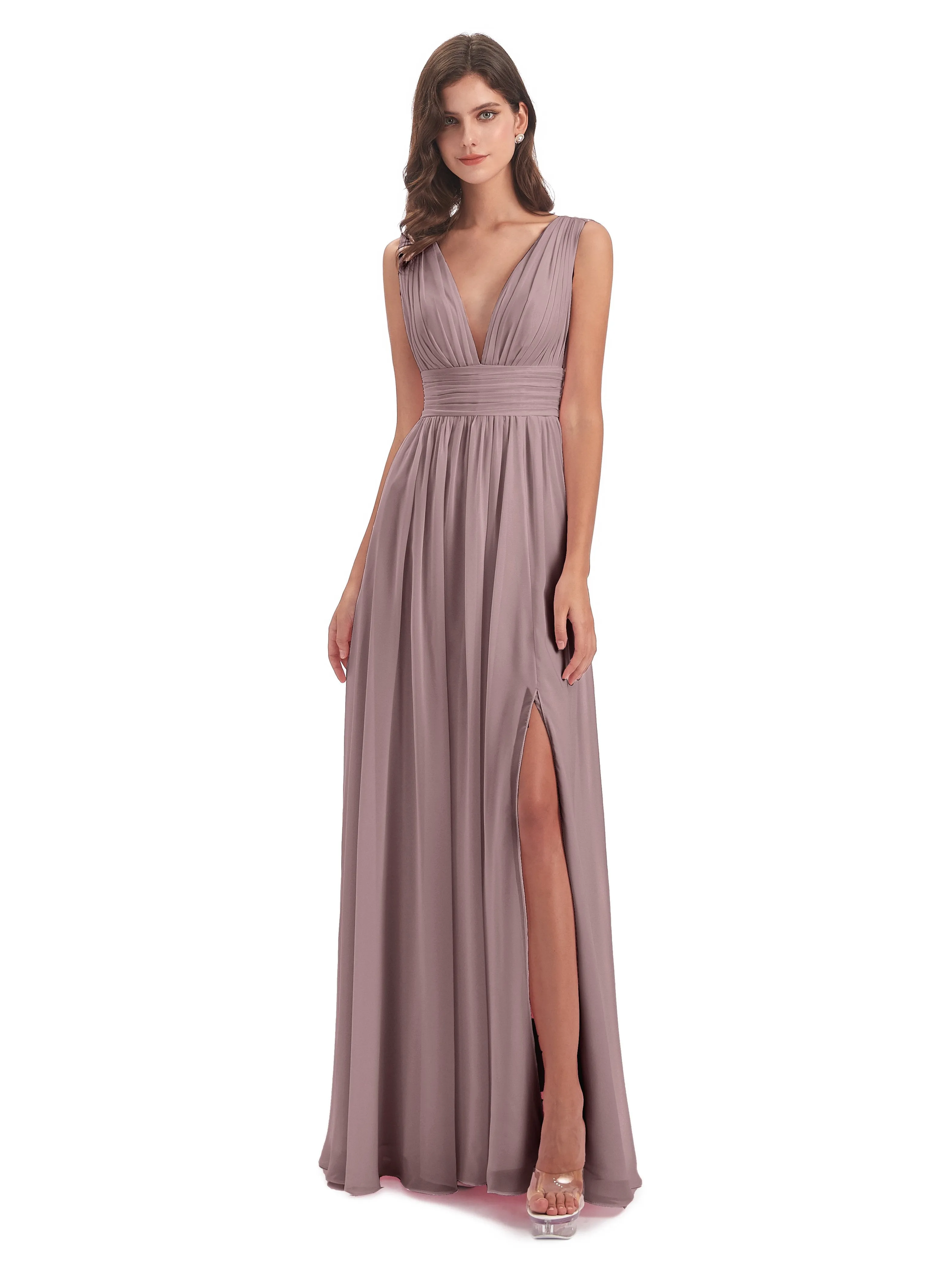 Luna Charming Chiffon V Neck Split Long Bridesmaid Dresses