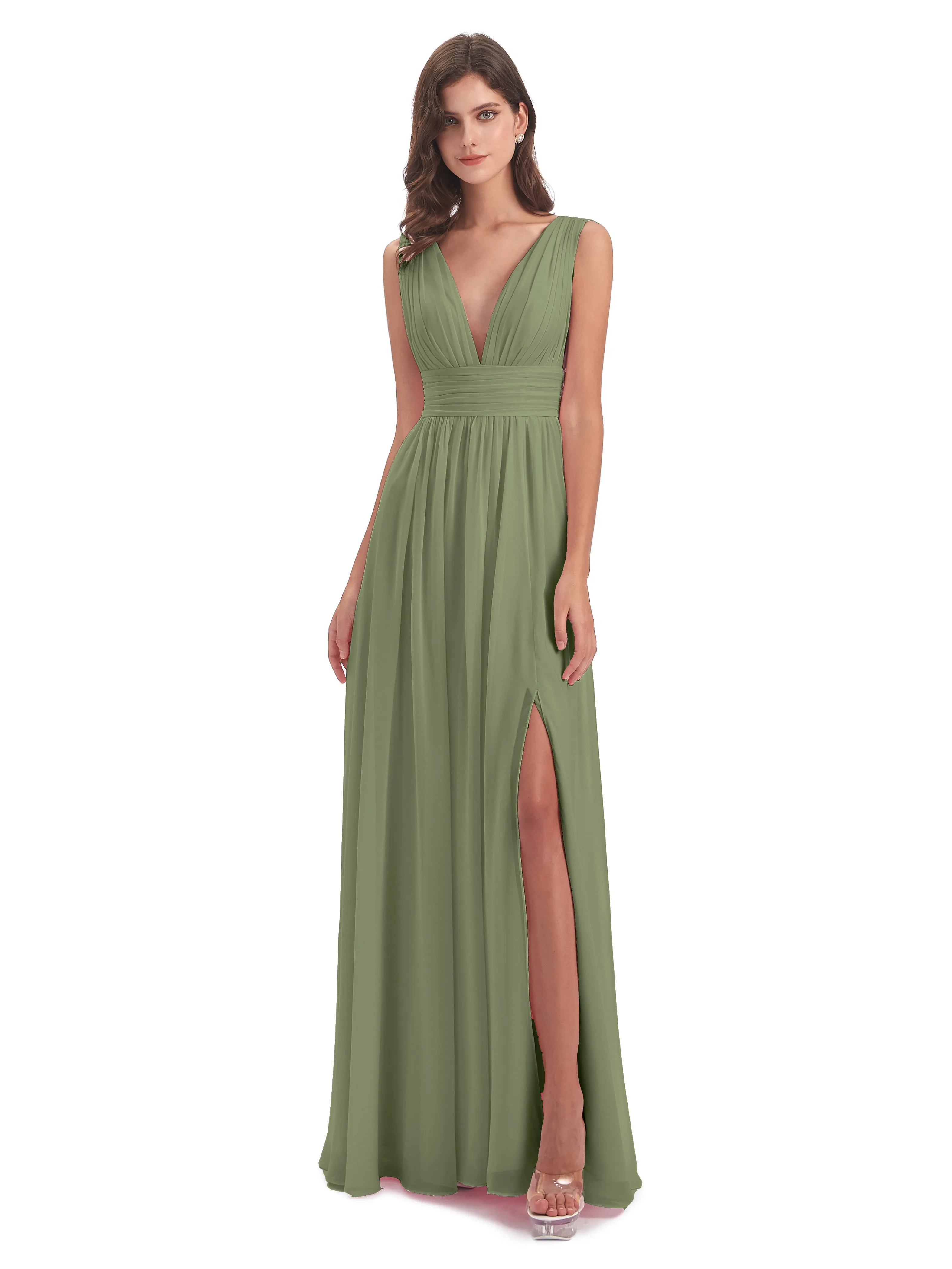 Luna Charming Chiffon V Neck Split Long Bridesmaid Dresses