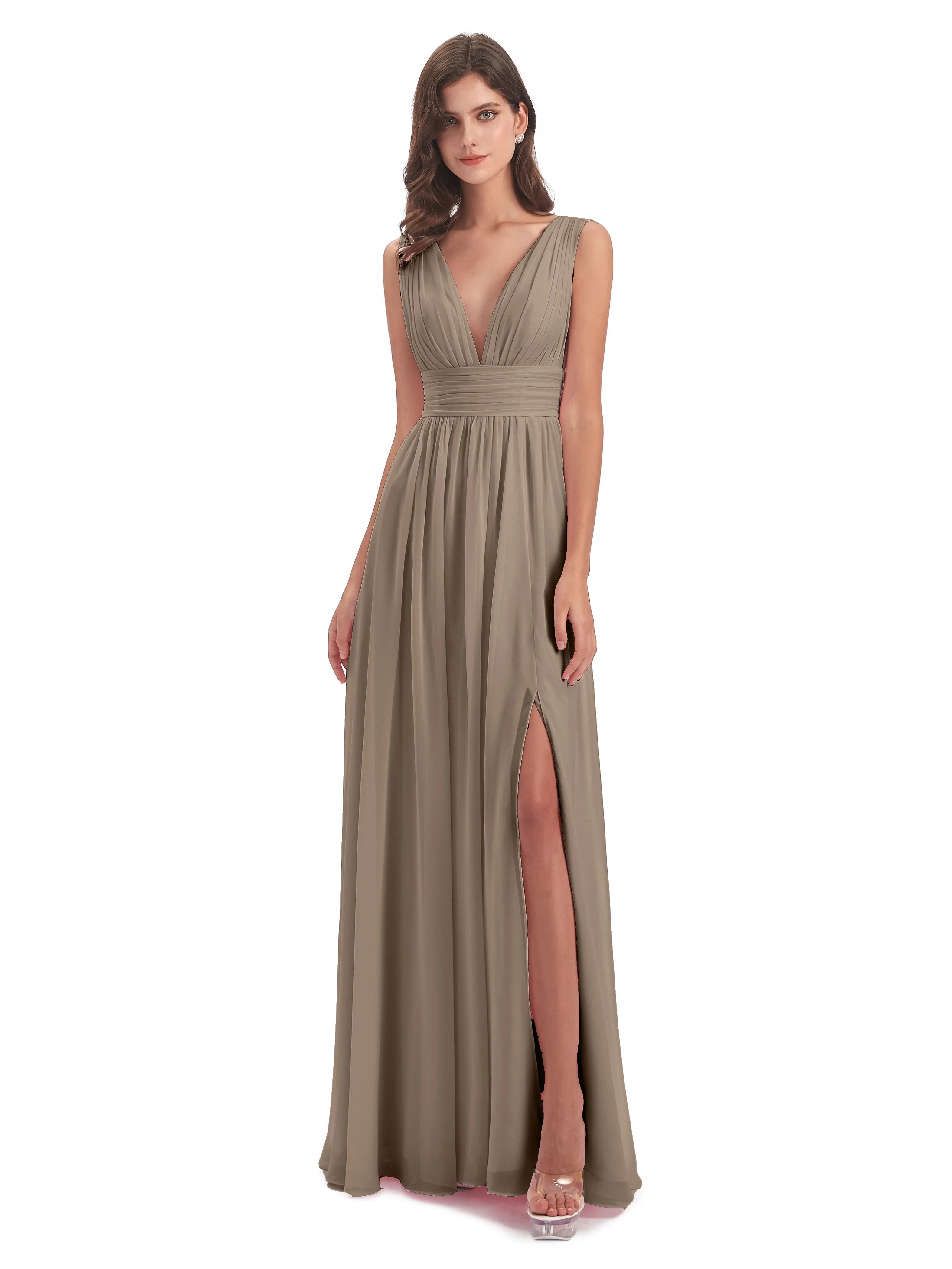 Luna Charming Chiffon V Neck Split Long Bridesmaid Dresses