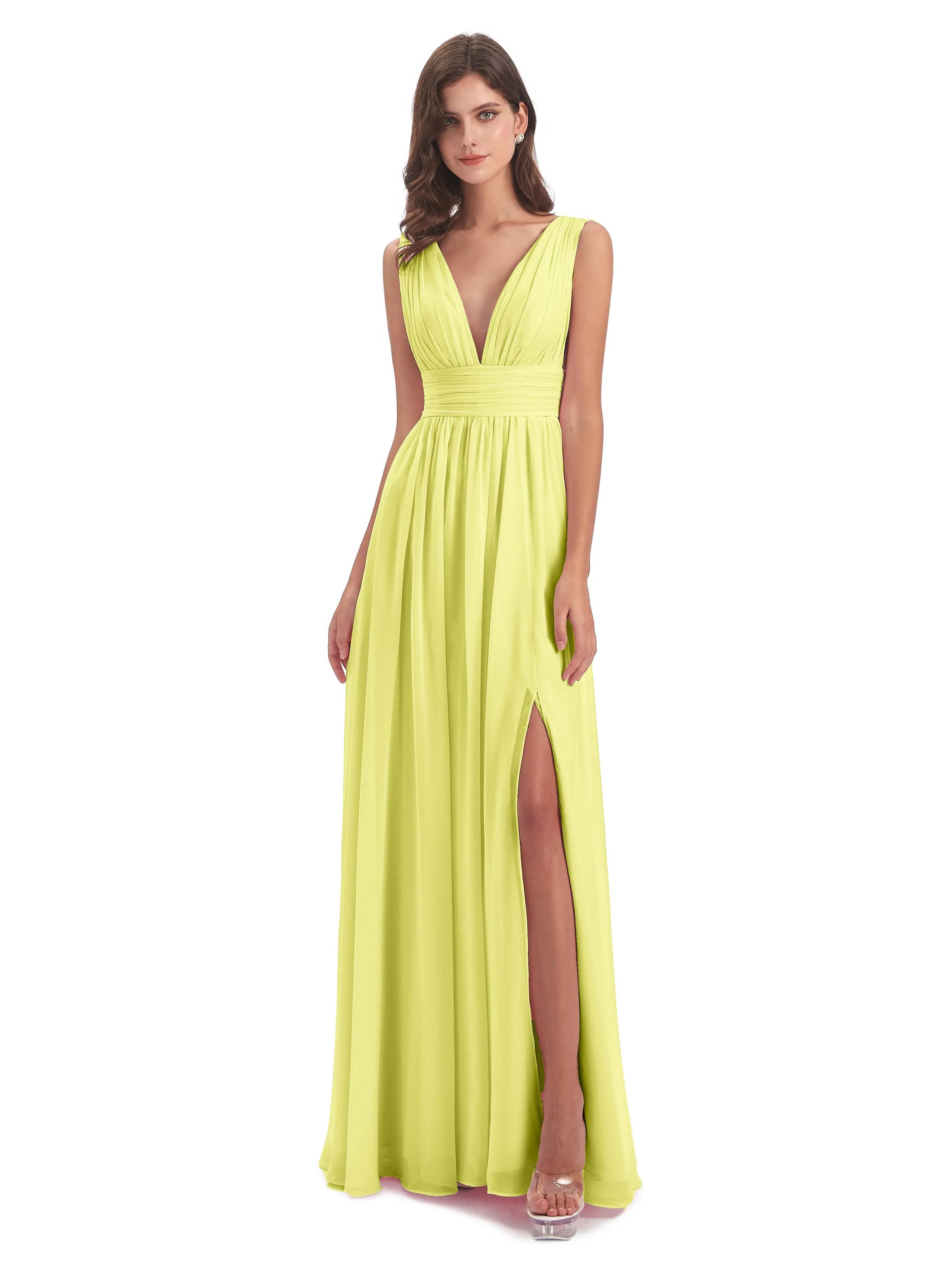 Luna Charming Chiffon V Neck Split Long Bridesmaid Dresses