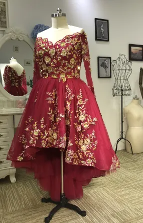 Luxury long sleeves red hi low ball gown prom dress with gold lace appliqués crystals rhinestones beaded 2020