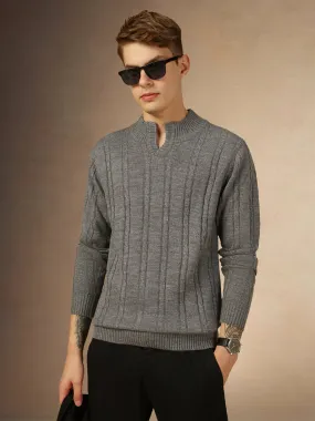 Men's Grey Mock Neck Full Sleeves Slim Fit Pullover Sweater