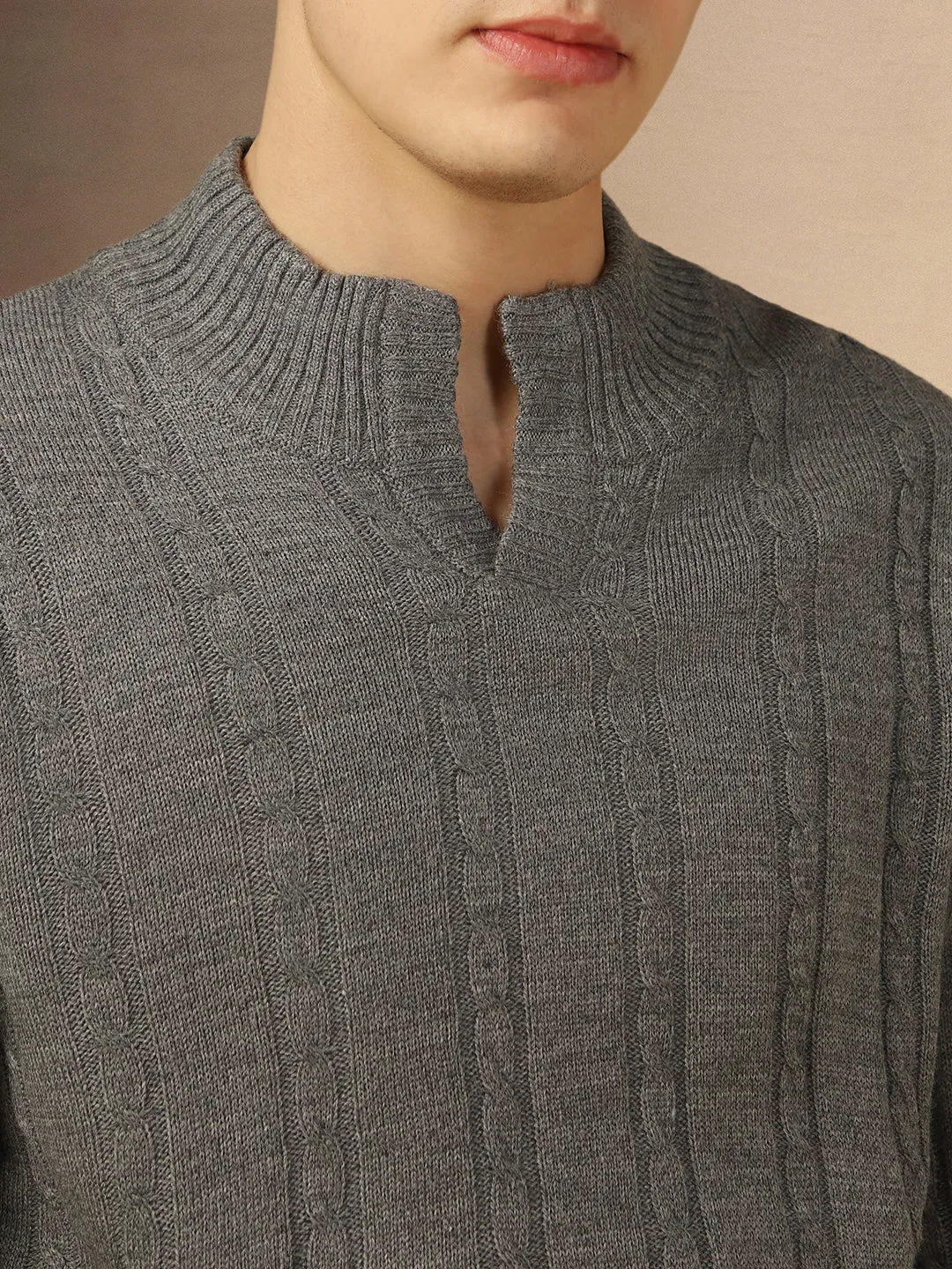 Men's Grey Mock Neck Full Sleeves Slim Fit Pullover Sweater