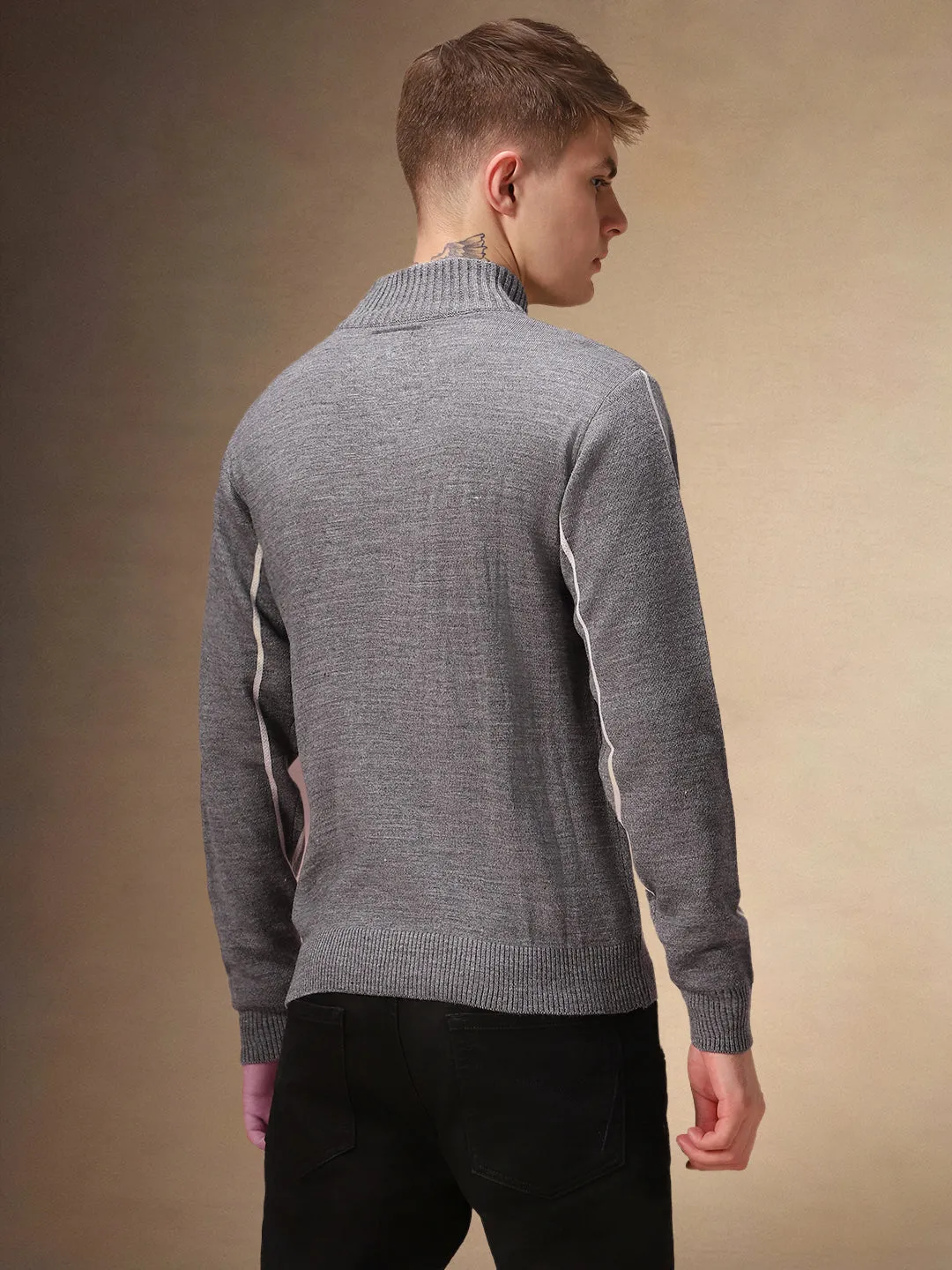 Men's Grey Striped Mock Neck Full Sleeves Pullover Sweater