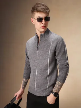 Men's Grey Striped Mock Neck Full Sleeves Pullover Sweater