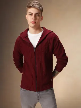 Men's Maroon Self Design Full Sleeves Hooded Cardigan Sweater