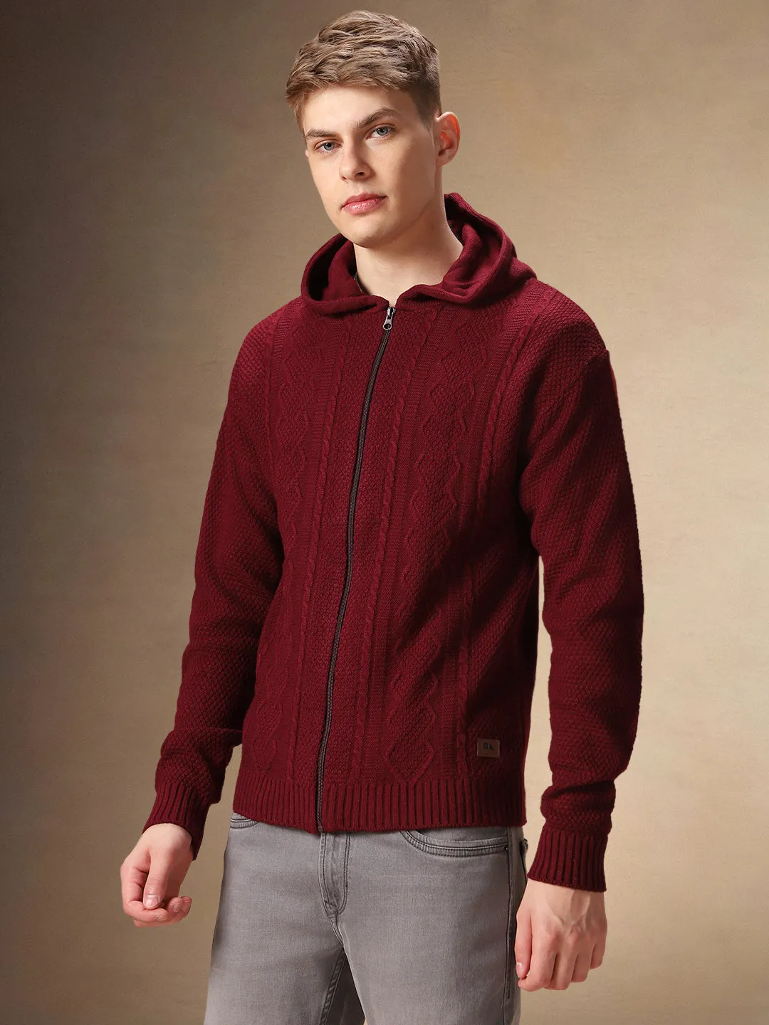 Men's Maroon Self Design Full Sleeves Hooded Cardigan Sweater