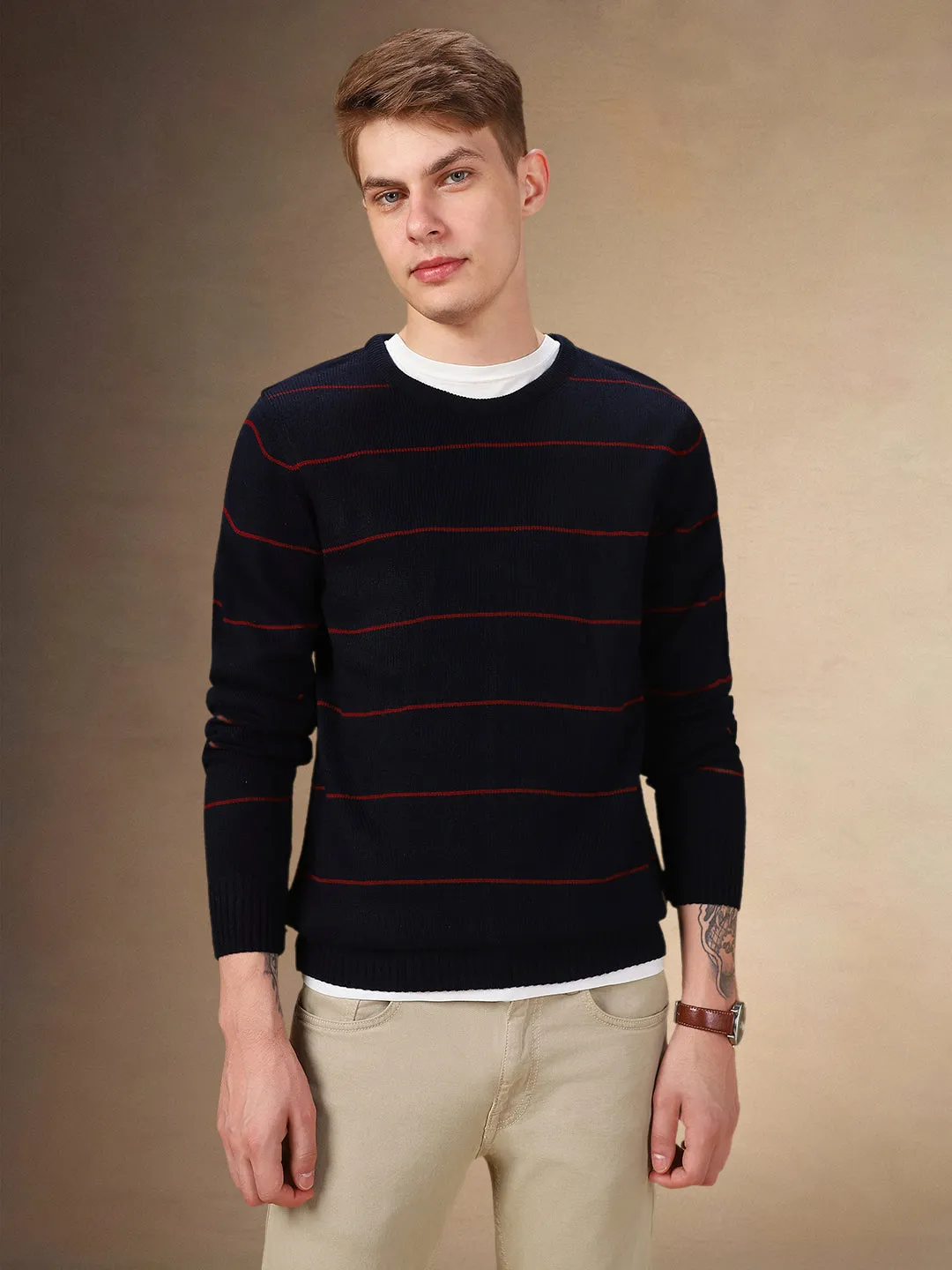 Men's Striped Round Neck Full Sleeves Regular Fit Sweater