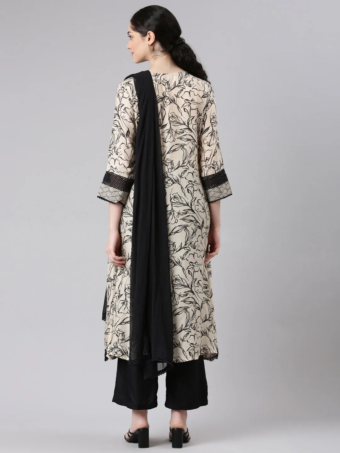 Neerus Women Beige Kurta and Trousers With Dupatta