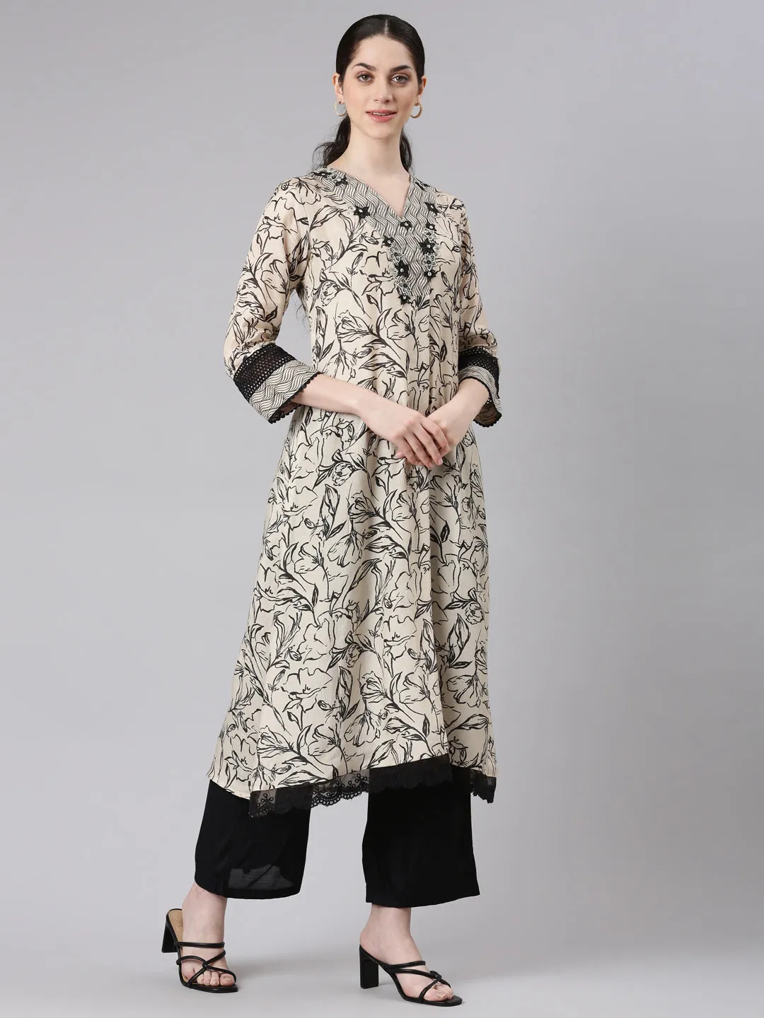 Neerus Women Beige Kurta and Trousers With Dupatta