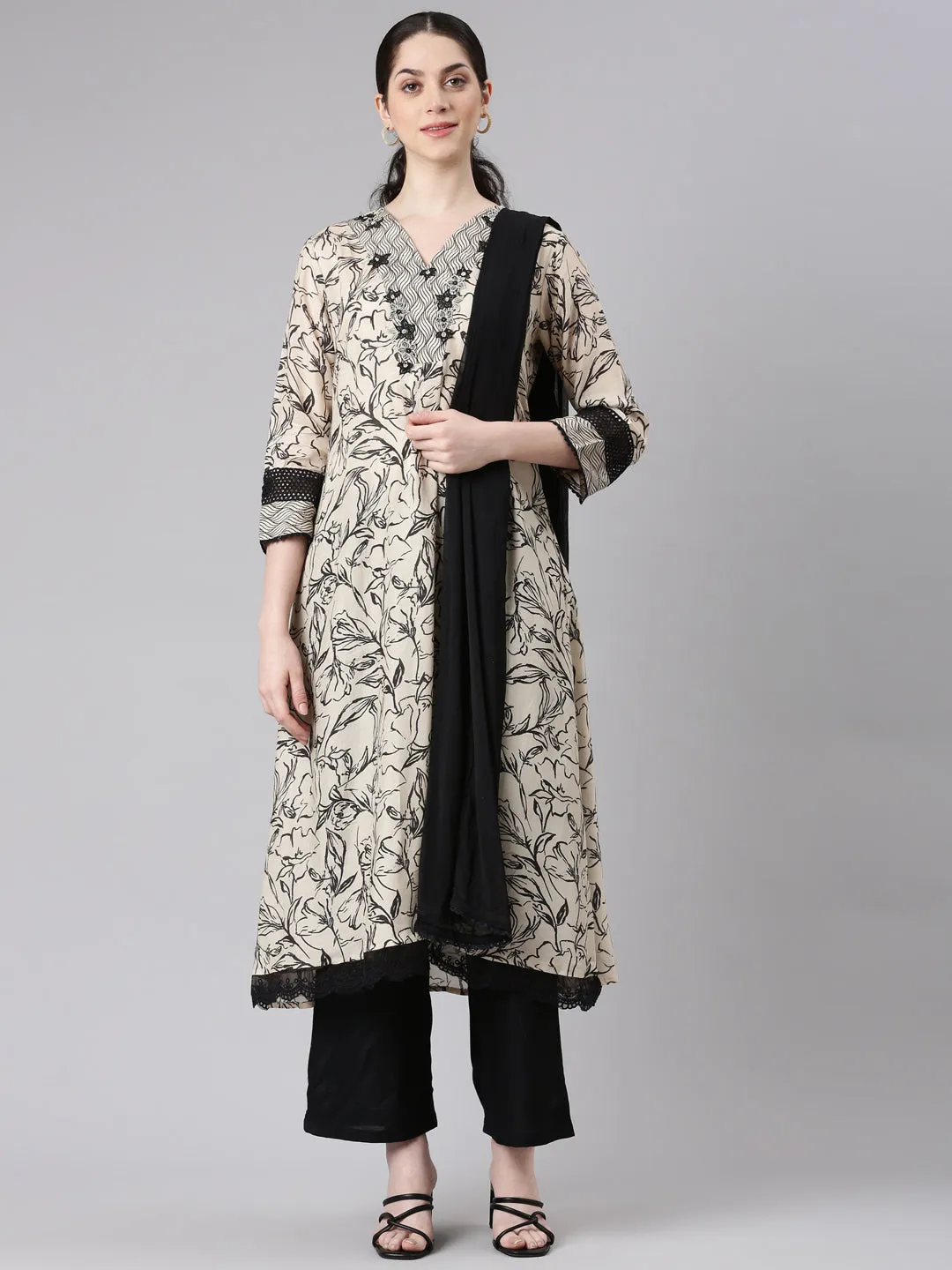 Neerus Women Beige Kurta and Trousers With Dupatta