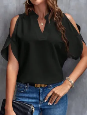 Notched Cold Shoulder Blouse