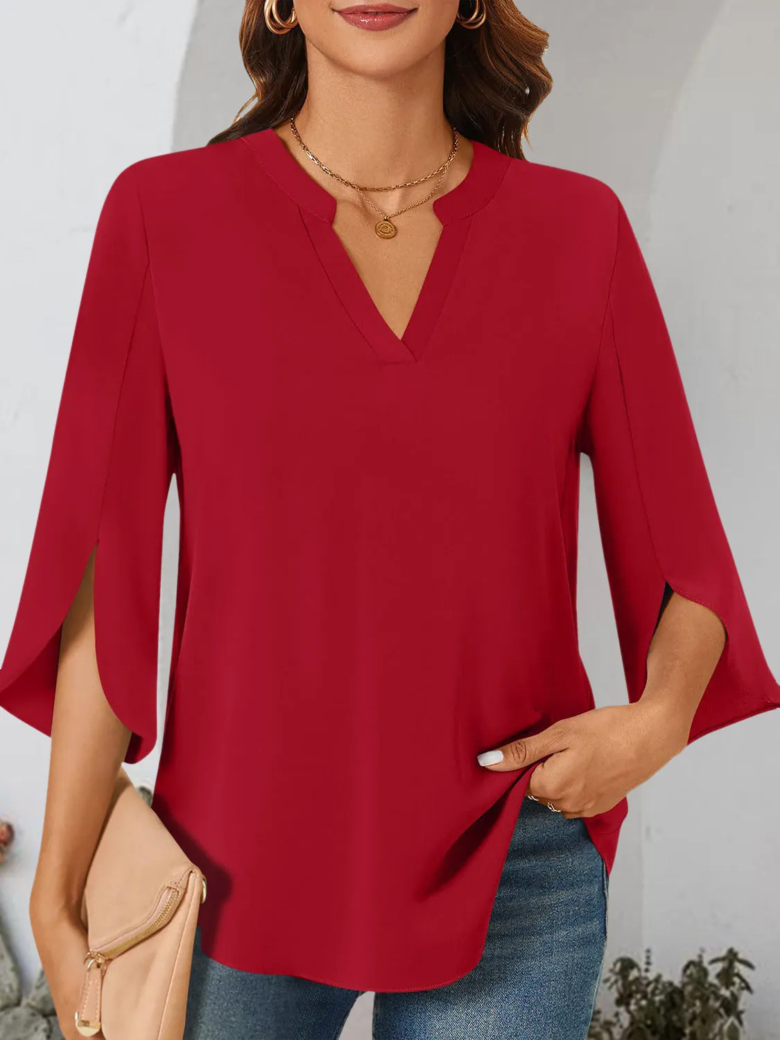 Notched Slit Half Sleeve Blouse