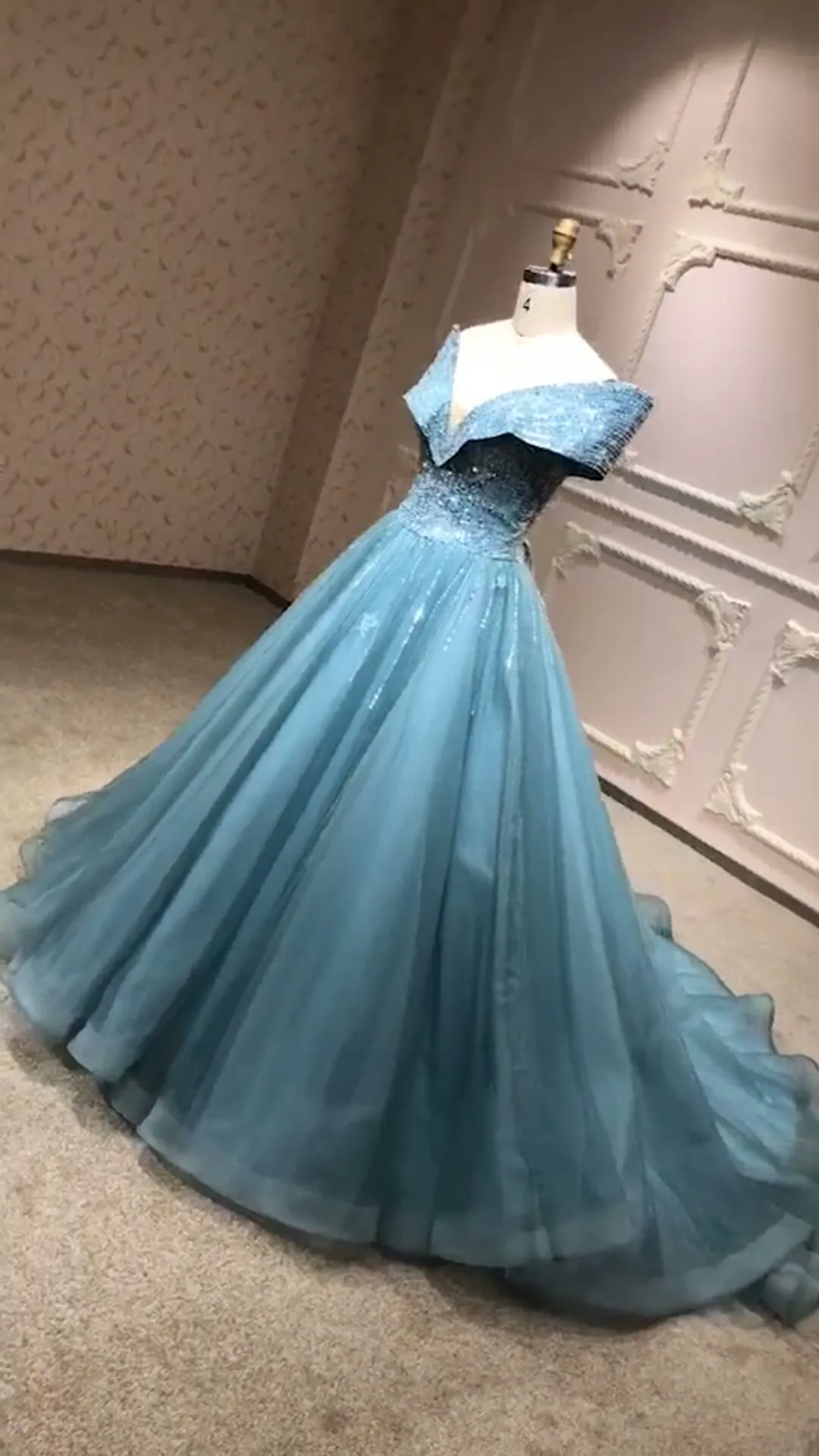 Off shoulder dusty blue crystals beaded prom ball gown