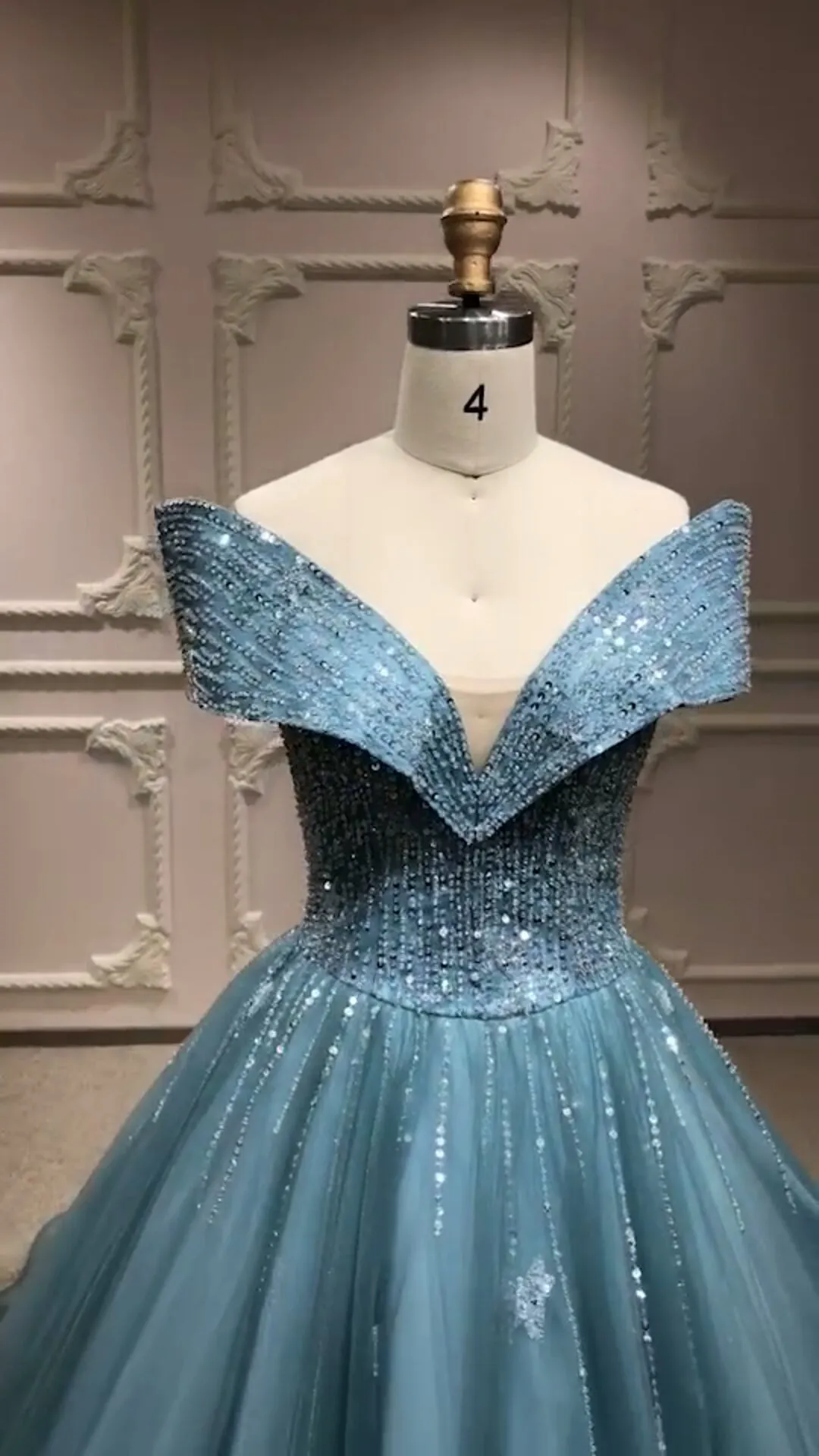 Off shoulder dusty blue crystals beaded prom ball gown