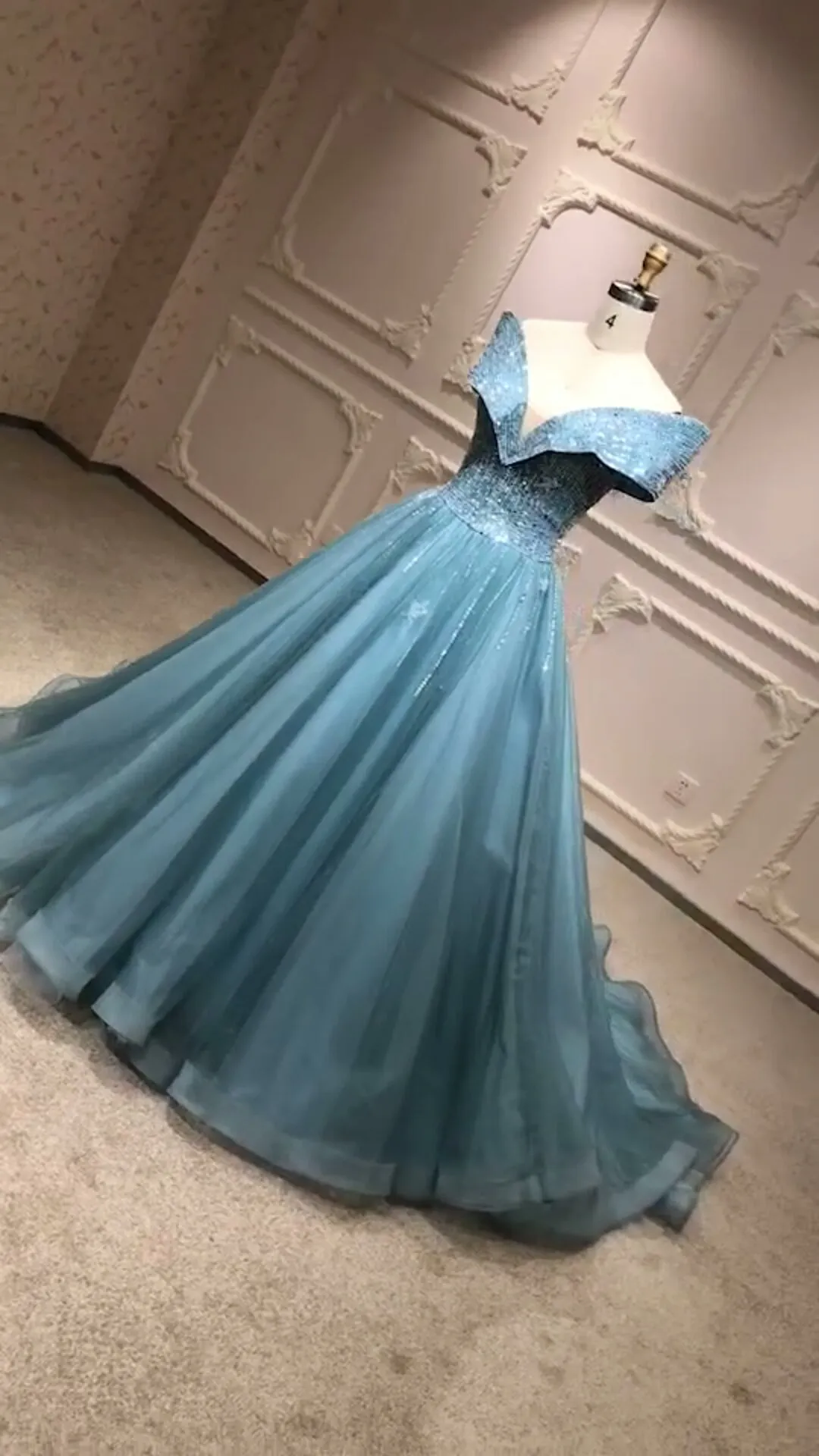 Off shoulder dusty blue crystals beaded prom ball gown