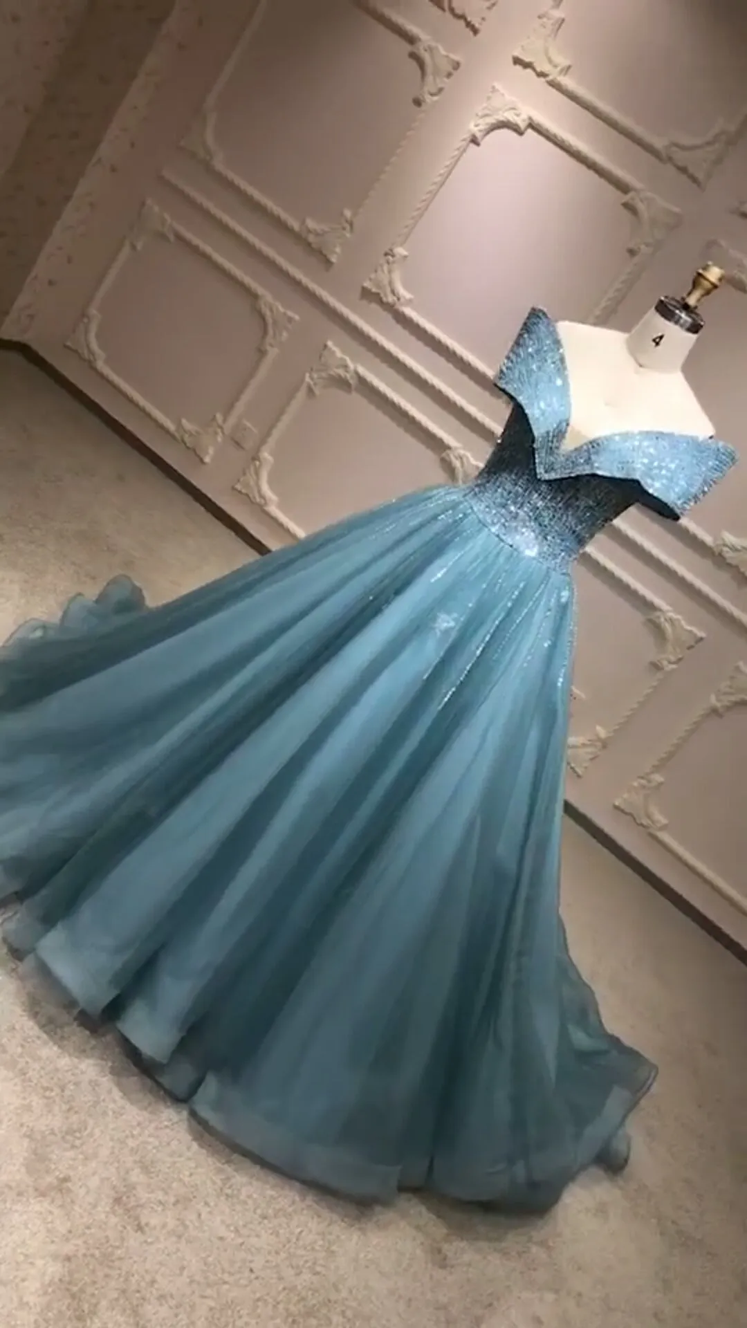 Off shoulder dusty blue crystals beaded prom ball gown