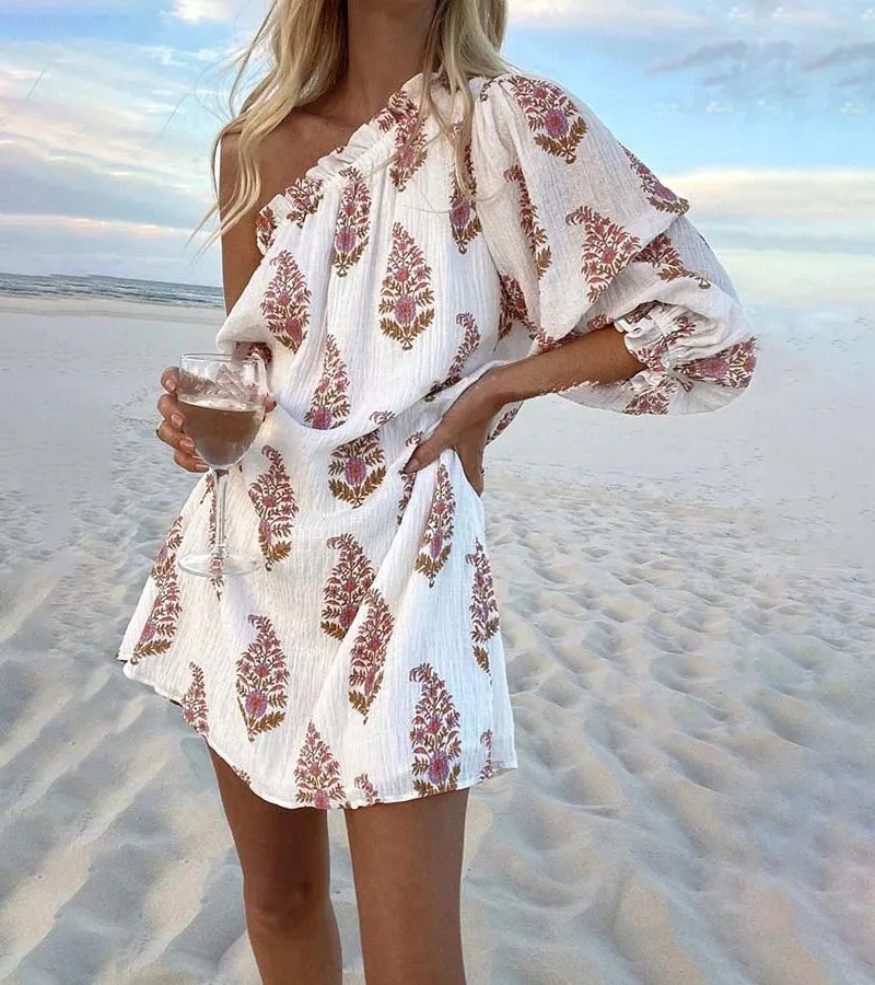 One Shoulder Floral Printed Mini Dress