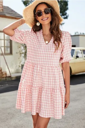 Pink Gingham Pattern Ruffled Dress