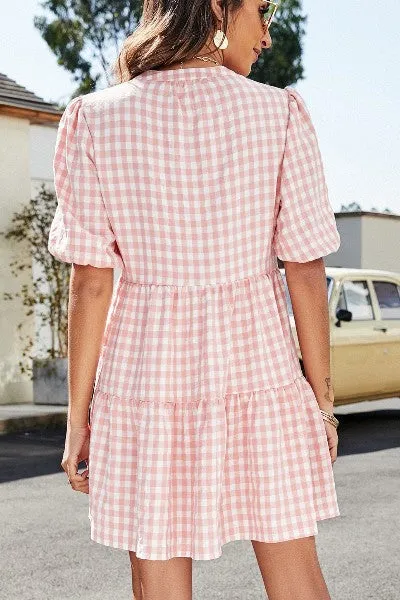 Pink Gingham Pattern Ruffled Dress