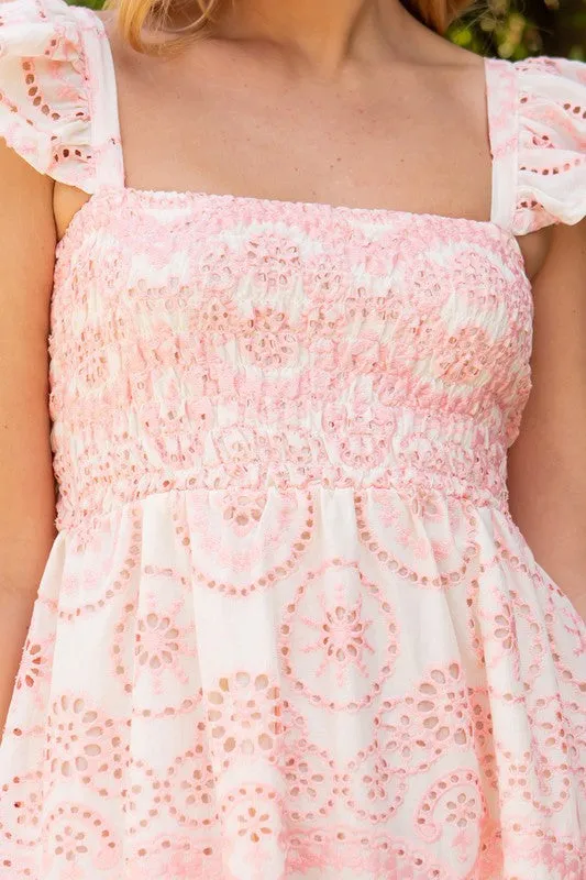 Pink Hollow Embroidery Tiny Ruffle Sleeve Dress